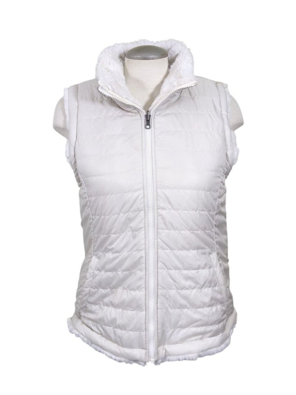 Womens L Nicole Miller Original Ivory Reversible Vest Puffer Faux Fur Pockets